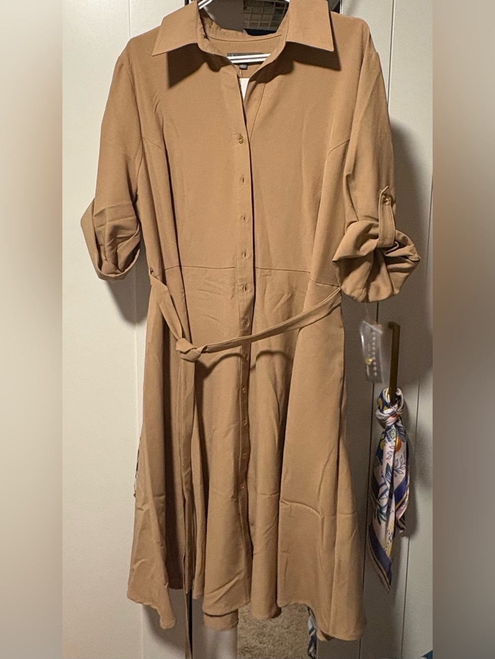 Sharagano Camel/Tan Belted Shirt Maxi Dress